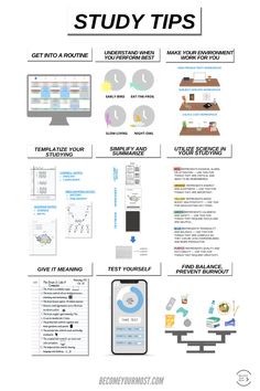 an info sheet with the words study tips on it and various items in front of it