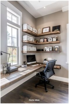 a home office with open shelving and shelves