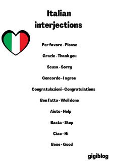 an italian poster with the words italian interjections in different languages, including two hearts and