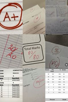 several different types of paper with numbers and symbols on them, all written in red