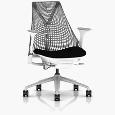 an office chair with black seat cushion and white frame, viewed from the front view