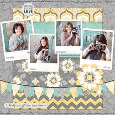 a scrapbook page with four pictures of people holding up cameras and taking selfies