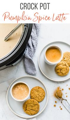 crock pot pumpkin spice latte recipe with two plates and spoons on the side