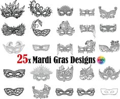 the 25 mardi gras designs are all drawn in different styles and colors, including masks