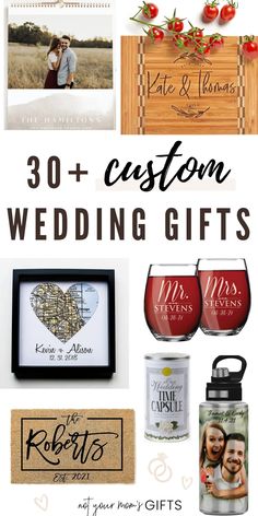 wedding gifts for the bride and groom with text overlay that reads 30 + custom wedding gifts