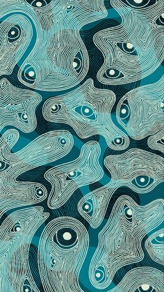 an abstract blue and white pattern with wavy lines on the bottom, in shades of teal