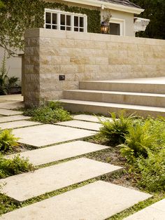 an outdoor patio with stone steps leading to the front door and side entrance, surrounded by greenery