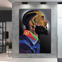 a painting of a man with dreadlocks on his head in front of a gray wall