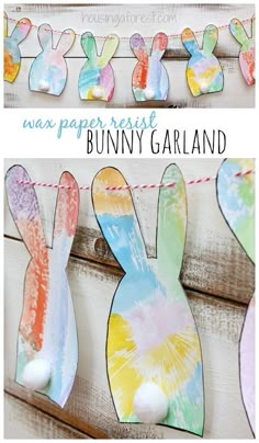 paper bunny garland hanging on a clothes line with text overlay that reads, wax paper rest bunny garland