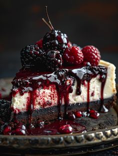 Decadent Black Forest Cheesecake 🍫    Ingredients ⤵️  1 1/2 cups chocolate cookie crumbs 1/4 cup melted butter 2 cups cream cheese, softened 1 cup granulated sugar 1 teaspoon vanilla extract 3 large eggs 1 cup sour cream 1/2 cup heavy cream 1/2 cup cherry pie filling 1/4 cup chocolate chips, melted Fresh cherries for garnish Chocolate syrup for drizzling Black Forest Cheesecake, Yummy Cheesecake, Pretty Dessert, Cookie Crumbs, Food Drinks Dessert, Cute Desserts, Dessert Drinks, Eat Dessert, Sweet Desserts