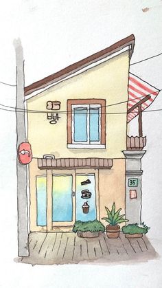 a watercolor drawing of a small yellow building