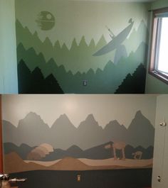 two pictures of a bathroom with mountains painted on the wall