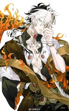 an anime character with white hair and black eyes, holding a flame in his hand