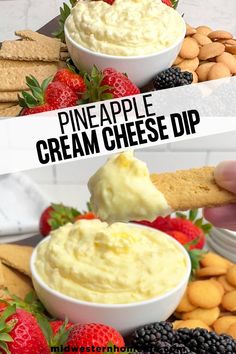 two pictures showing different types of cream cheese dips with strawberries and crackers