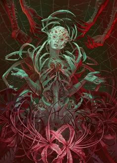 a digital painting of a woman surrounded by red and green lines, with her hands in the air