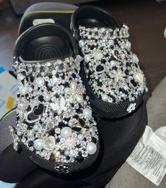 Black crocs blinged out with sliver charms and rhinestones Rhinestone Crocs Shoes, Customized Crocs Shoes, Bedazzled Things, Jewel Shoes, Bling Crocs, Calumet City, Painting Shoes, Diy Bling, Custom Crocs