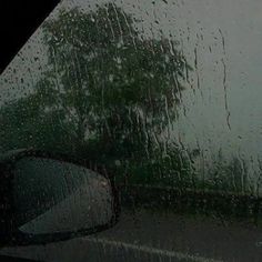 rain drops on the windshield of a car as it sits in front of a tree