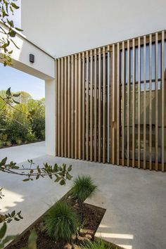 an outdoor area with wooden slats on the wall and plants in the foreground