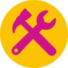 a pink wrench and hammer in a yellow circle