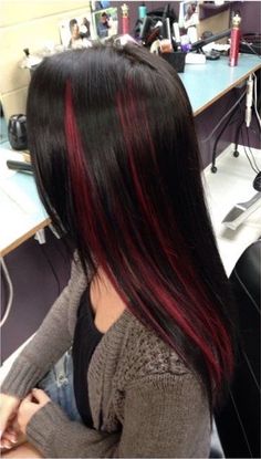 Red Peekaboo Highlights, Red Hair Streaks, Black Hair With Red Highlights, Black And Red Hair, Black Red Hair, Peekaboo Highlights, Red Hair Inspo, Hair Color Streaks, Hair Streaks