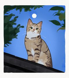 a painting of a cat sitting on top of a roof looking up at the sky