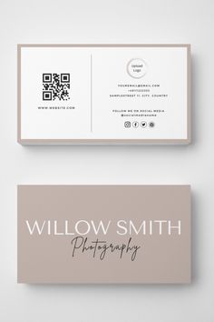 two business cards with the words willow smith photography printed on them, both in black and white