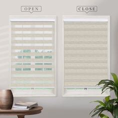 two windows with blinds open and closed in the same room, next to a potted plant