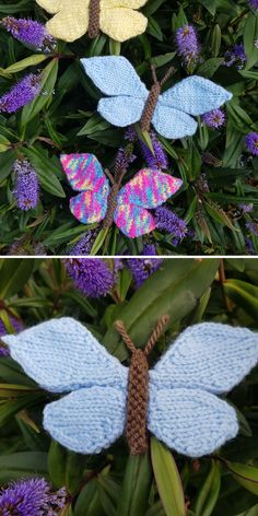 two pictures of different colored knitted butterflies on top of green leaves and purple flowers