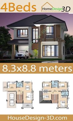 three story house plan with 3 beds and 8 meters