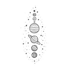 the solar system is drawn in black ink on a white paper with stars around it