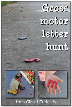 the cover of gross motor letter hunt from gift of curiosity, featuring photos of children playing with toys