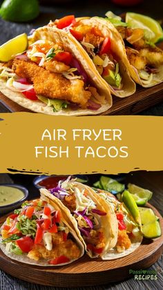 air fryer fish tacos on a wooden platter