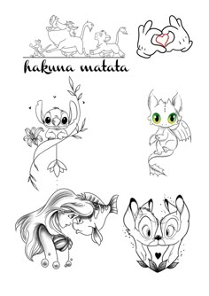 four different cartoon animals with the words hakuna matata written in black and white