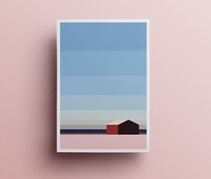 a poster with a house in the middle on a pink wall next to a white frame