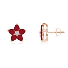 Pear-shaped rubies surround a round diamond to complete the gorgeous floral design. The V-prong set red gems shine with breathtaking beauty, while the diamond adds to their irresistible charm. This stunning pair of ruby stud earrings is crafted in 14k rose gold. Ruby Stud Earrings, Red Gems, Ruby Earrings Studs, Flower Stud Earrings, Flower Stud, Ruby Earrings, Diamond Flower, Flower Earrings Studs, Flower Studs