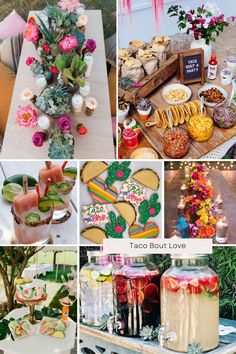 a collage of different pictures with food and drinks on it's table top