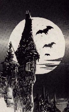 a black and white drawing of a castle with bats flying over it