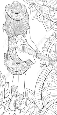 a girl with an umbrella in the jungle coloring book page for adults and young children