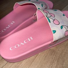 Coach Purse And Shoes. (No Box) Trendy Open Toe Sneakers, Coach White Leather Sandals, Pink Leather Slides With Branded Insole, White Leather Coach Sandals, Casual Slides With Branded Heel Counter For Spring, Chic Pink Round Toe Slides, Coach Pink Slip-on Sandals, Coach Pink Flat Sandals, Coach Flat Slides For Spring