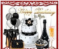 a happy birthday card with champagne, cake and other items for someone's special occasion