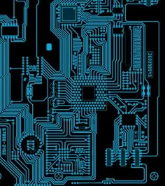 an electronic circuit board in blue on a black background with space for text or image