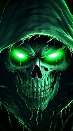 a green skull with glowing eyes and a hooded hoodie over it's head