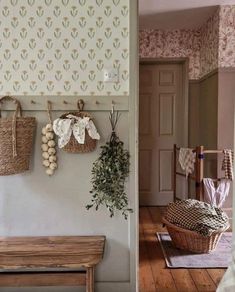 two pictures side by side, one with baskets hanging on the wall