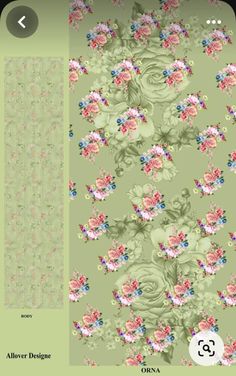 a green background with pink and blue flowers on the bottom, and an image of roses in