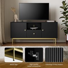 Modern Design: The TV stand features white, metal legs and a square frame for a unique contemporary aesthetic. The fluted panel design gives you an eye-catching feeling. Fluted Tv Stand, Fluted Panel Design, Tv Stand Makeover, Ikea Tv Stand, Console For Living Room, 60 Inch Tv, Tv Stand Modern, Tv Entertainment Center, Fluted Panel