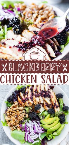 the chicken salad is ready to be eaten with berries and other toppings on it