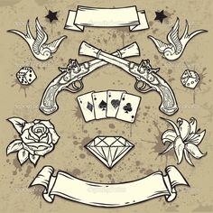 Tattoo design Old School Rose, Hand Pin, Tattoo Traditional, Trendy Tattoo, Gambling Tattoo, New Traditional, Hand Drawn Vector