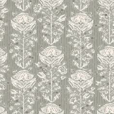 a gray and white wallpaper with flowers on it