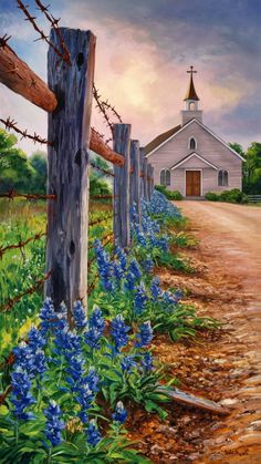 a painting of a country road with blue flowers and a church in the back ground