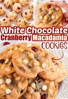 white chocolate cranberry macadamia cookies are stacked on top of each other